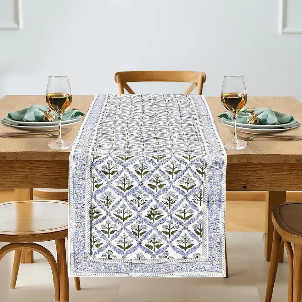 Ridhi Light Steel Blue Hand Block Print Table Runner 16x106 in