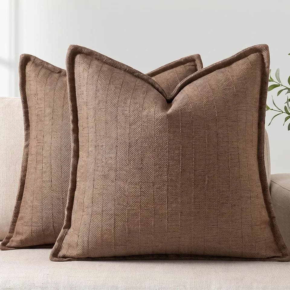 DEZENE 24x24 Linen Pillow Covers Brown Pack of 2 Farmhouse Boho Neutral Accents Striped Textured Square Decorative Throw Pillow Cases for Living Room Couch Bed Home Decor