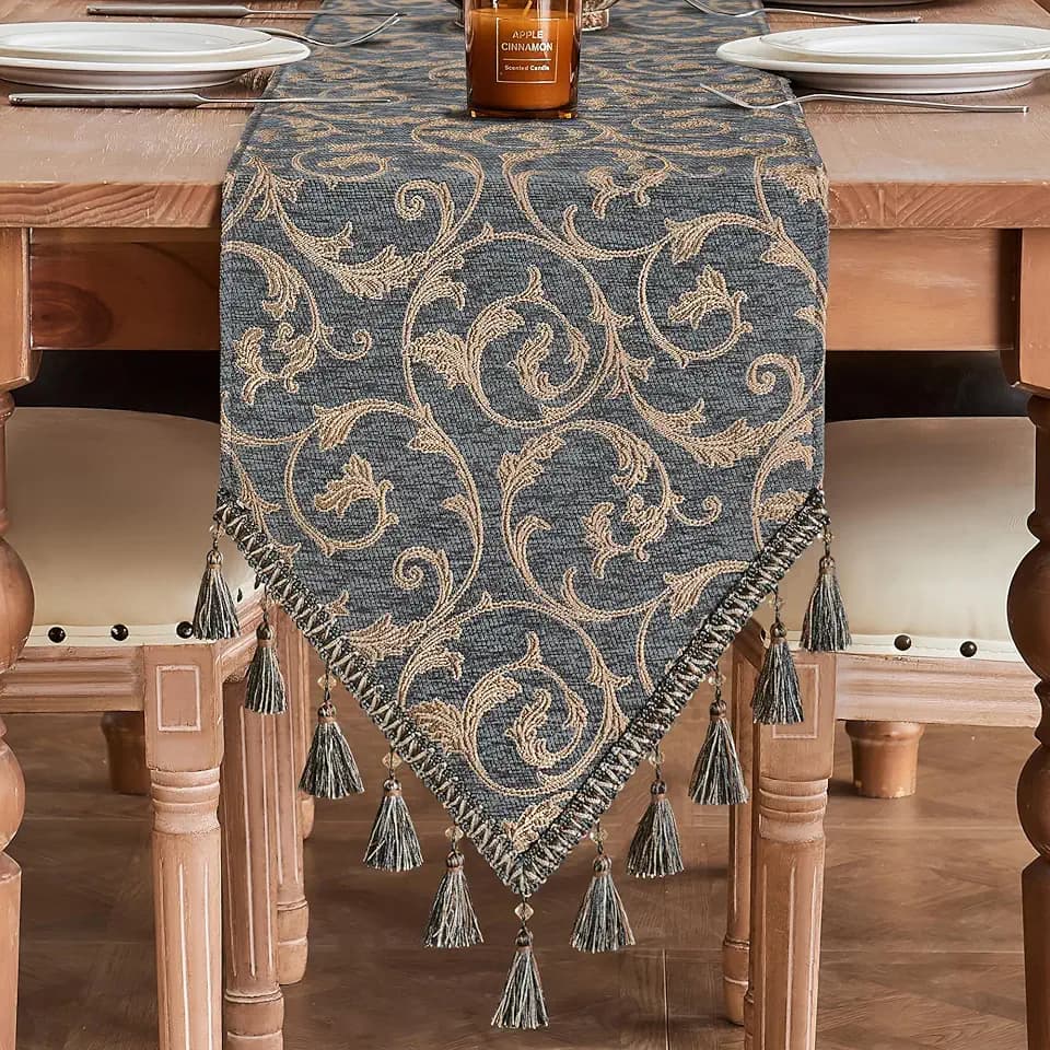 Loom and Mill Chenille Damask Table Runner 108 inches Long, Blue-Grey+Khaki