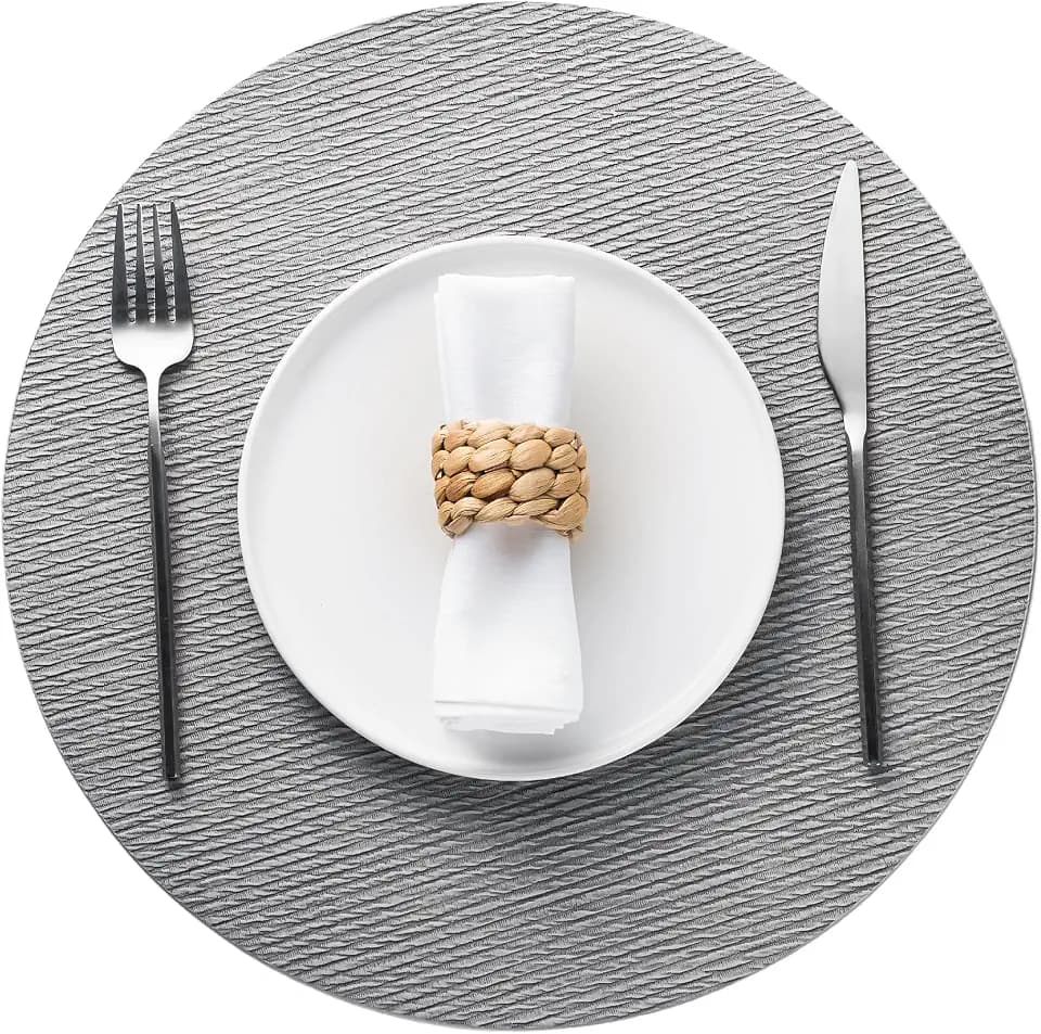 Jovono 15" Faux Leather Big Round Placemats Set of 4 - Washable Heat Resistant Non-Slip Dining Table Mats with Fabric Texture for Kitchen Home Party Decor, Light Gray