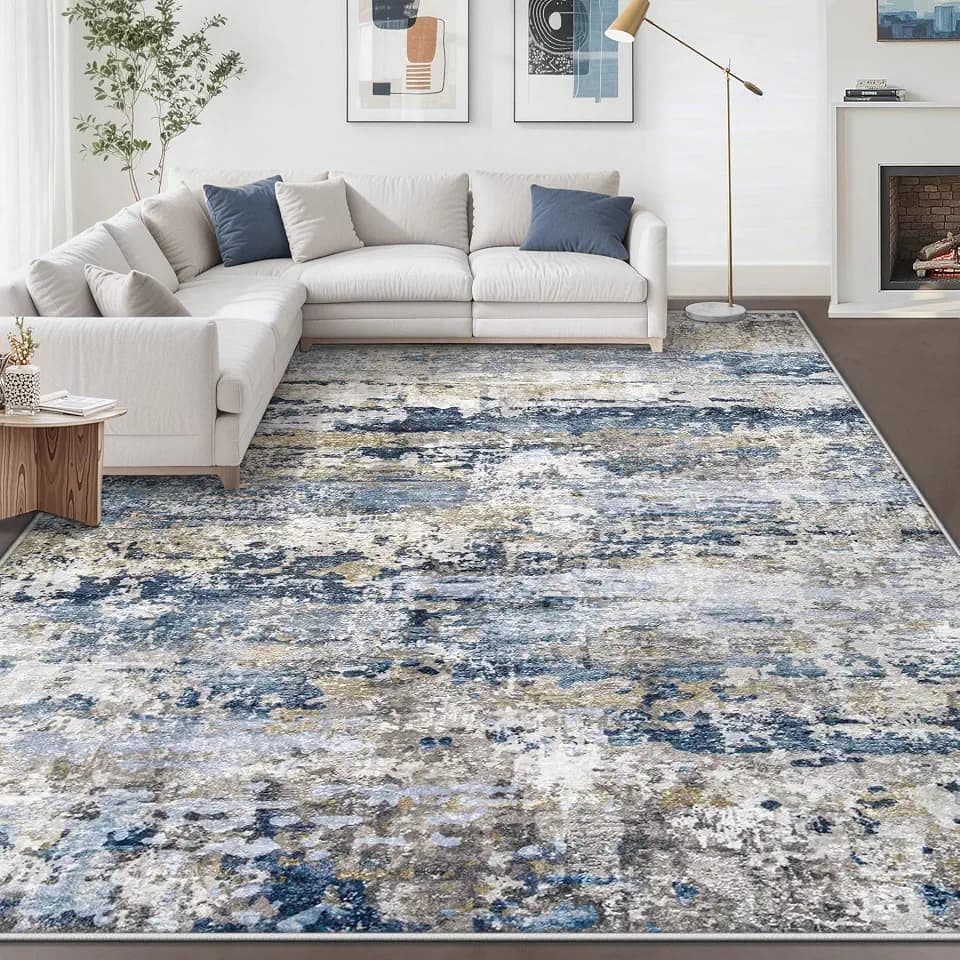 pmtsns Area Rugs 8x10 for Living Room: Washable Rug Modern Abstract Neutral Soft Non-Slip Low-Pile Indoor Large Carpet for Bedroom Dining Room Playroom Home Office (Blue Grey Brown, 8'x10')