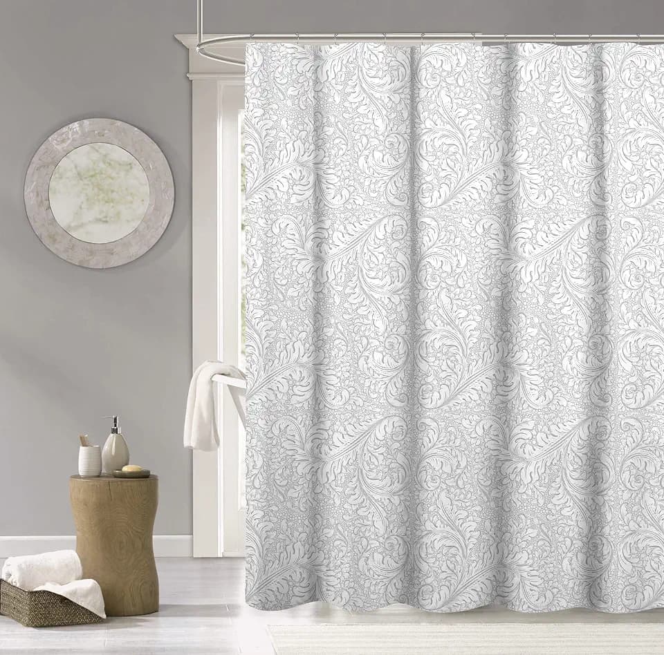 Cotton Soft Textured Shower Curtain - Printed Baroque Silver Design 70" x 72" - Water Resistant, Washable - Perfect for Stylish Bathrooms