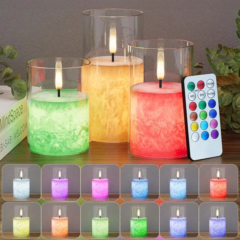 Battery Operated Flameless Candles with Remote & Timer, 12Color Glass 3Pack