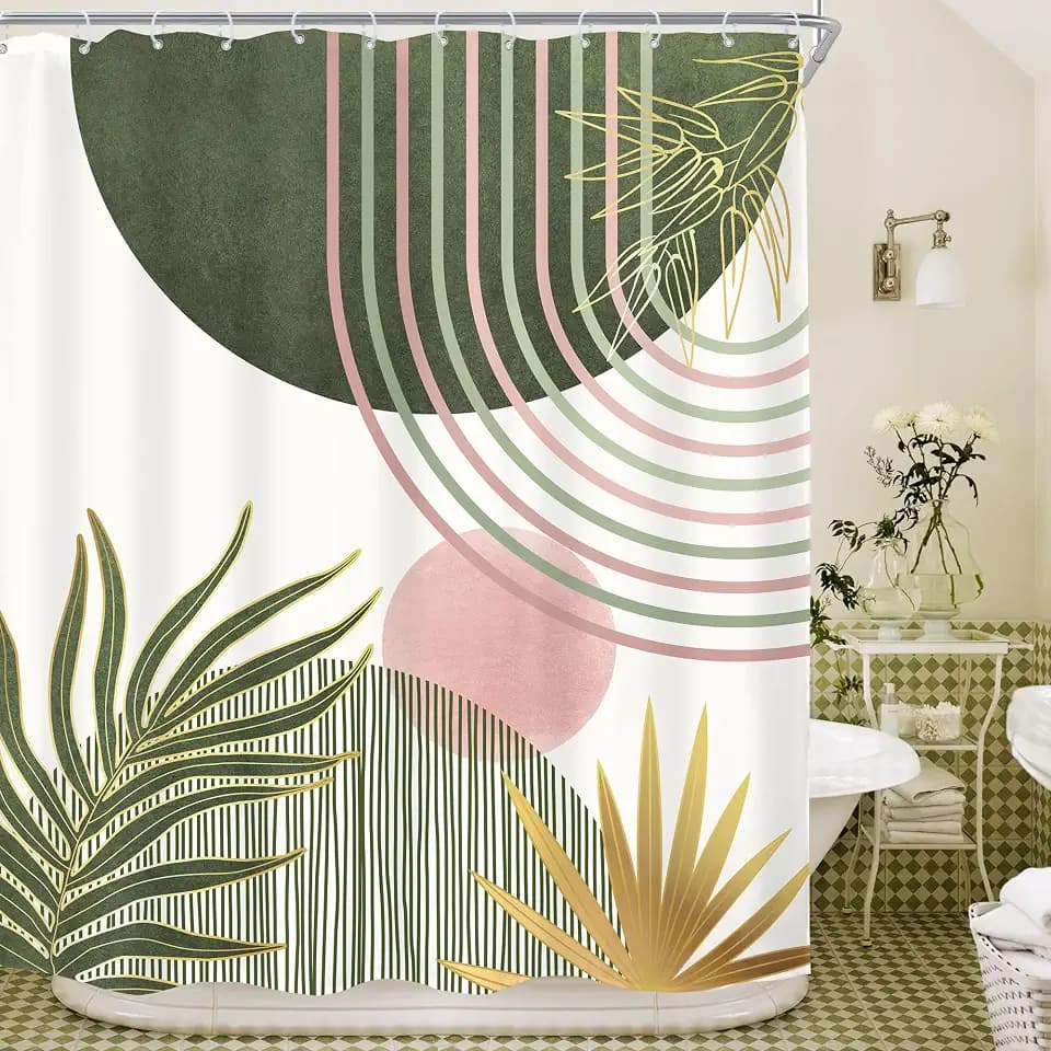 Mid Century Sage Green Pink Boho Abstract Bathroom Shower Curtain Set