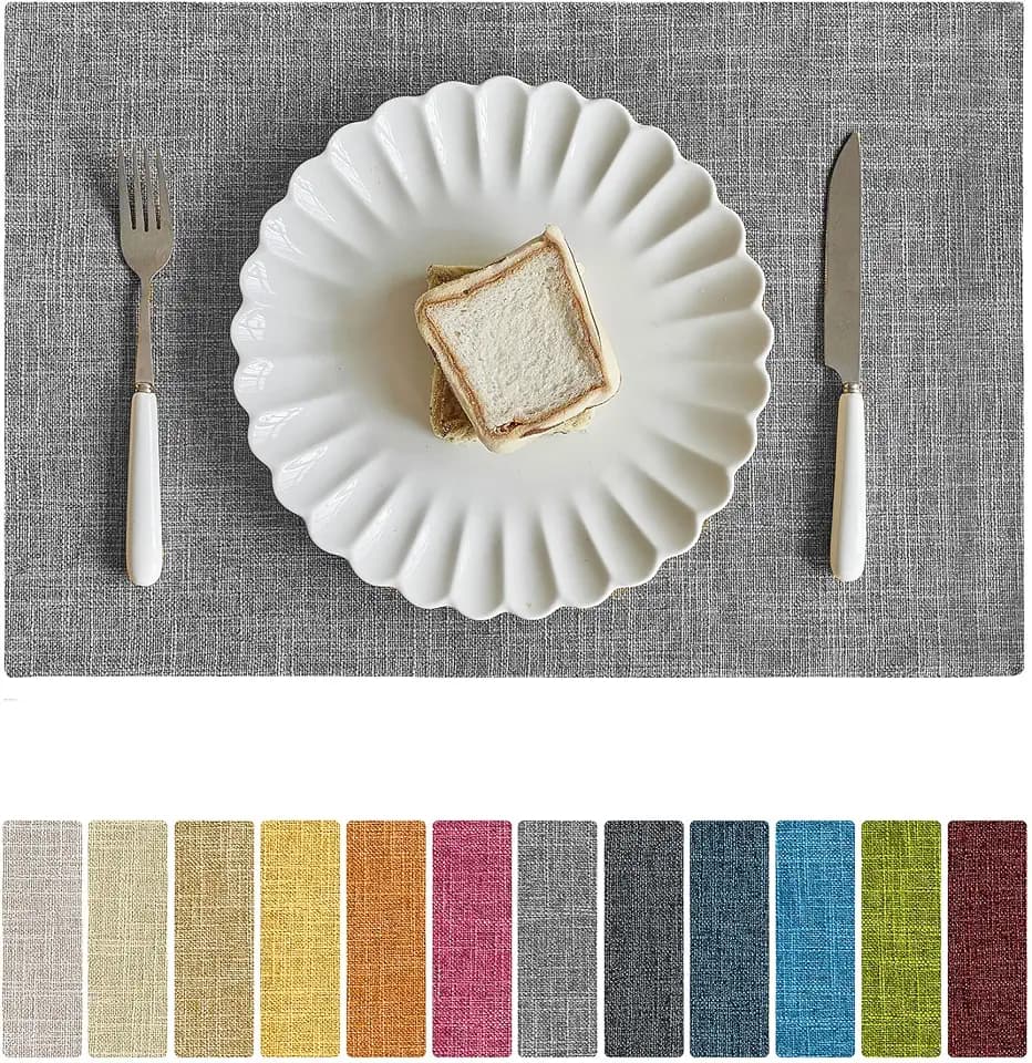 Softalker Faux Linen Cloth Placemats Set of 8-12 x 18 Inch, Light Grey