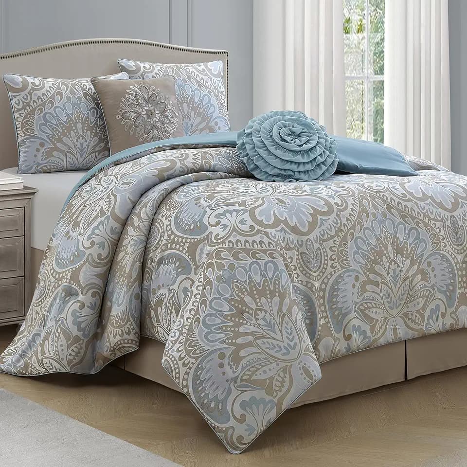 LANCO MODERN LIFESTYLE Blue Gold 6 Piece Comforter Set, Queen, Elegant Floral Jacquard, Ultra Soft Bed Set for All Seasons, Bed in a Bag, Include Comforter, Bed Skirt, Pillow Shams & Decor Pillows
