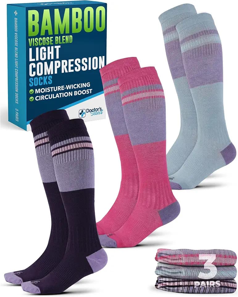 Doctor's Select® Bamboo Viscose Light Compression Socks for Women & Men - 3 Pairs, 8-15 mmHg Compression Socks, Knee High