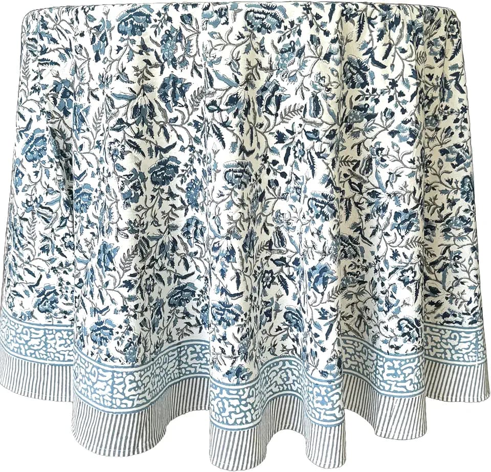 ATOSII Cotton Blockprint Round Tablecloth, Jodhpur Blue, 72 Inches