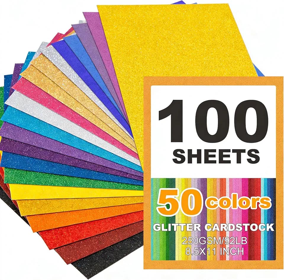 100 Sheets 8.5" X 11" Glitter Cardstock, 50 Assorted Glitter Paper for Crafts, No-Shed Sparkly Card Stock for Scrapbooking, Party Decorations and DIY Art Projects