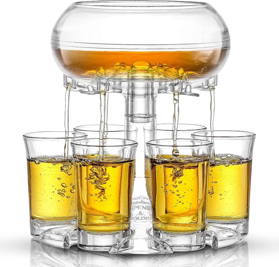 JoyJolt 6 Shot Glass Dispenser and Glass Set. 32oz Liquor Dispenser for Home Bar Accessories, Parties