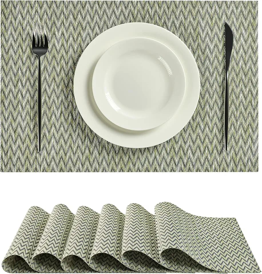 Woven Vinyl Placemats Set of 6,Green Zigzag