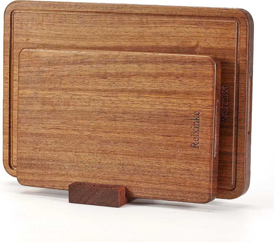 Solid Teak Wood Cutting Board Set One Piece Non Glued Large Thick Crack Resistant Wooden Chopping Board with DeepJuice Grooves Built in Handles for Kitchen Meat Vegetable 18x12 IN &12X8 IN