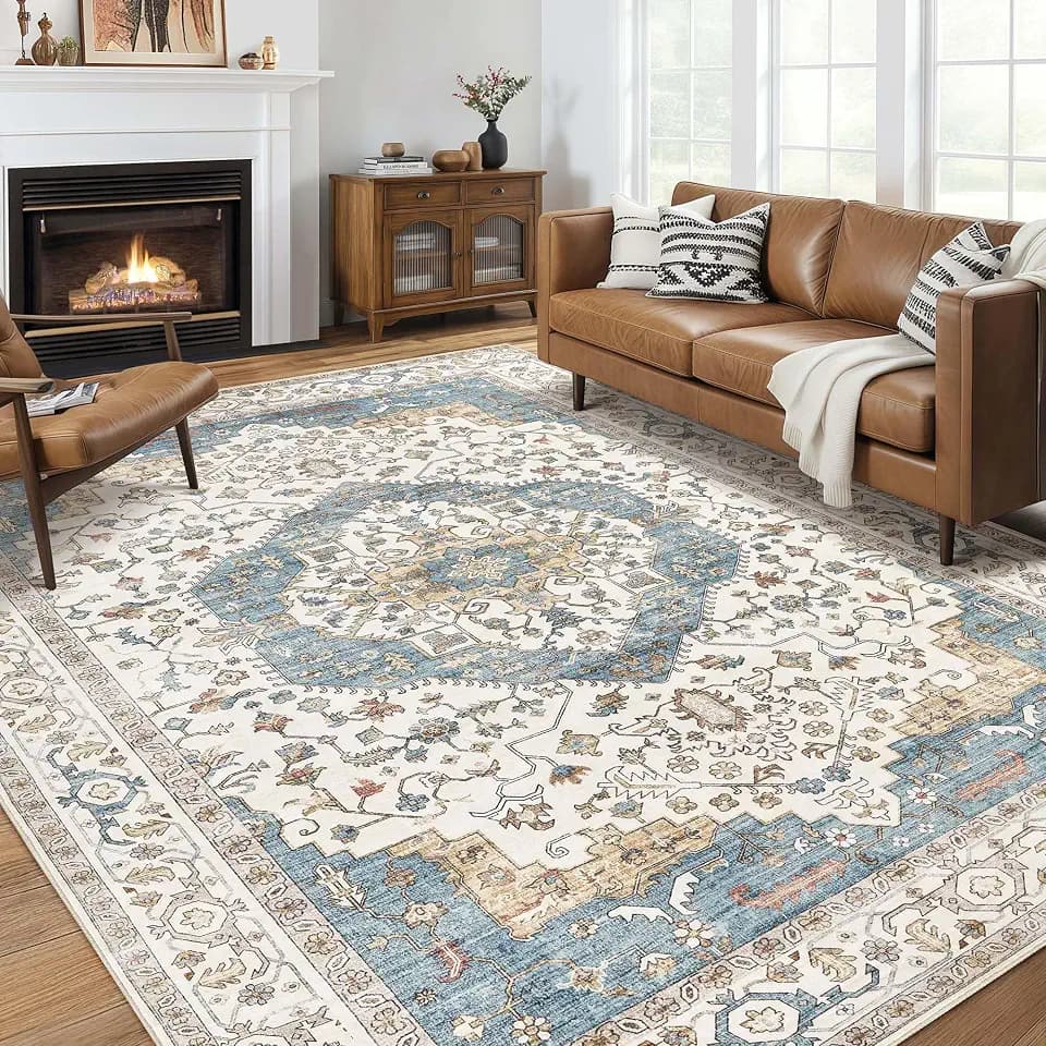 Vintage 9x12 Rugs for Living Room Washable Area Rug Blue/Beige