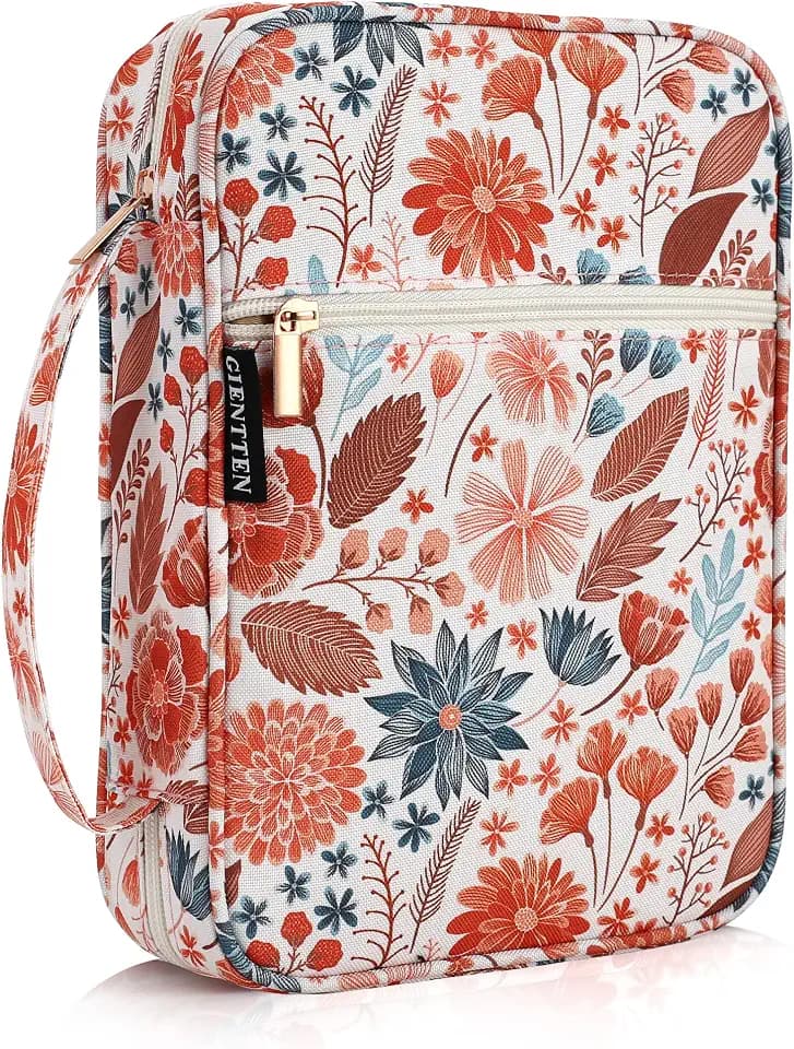 Bible Cover for Women with Flowers Printing, Bible Books Carrying Case with Durable Handle, Quilted Case for Girls Bible Study Supplies Accessories