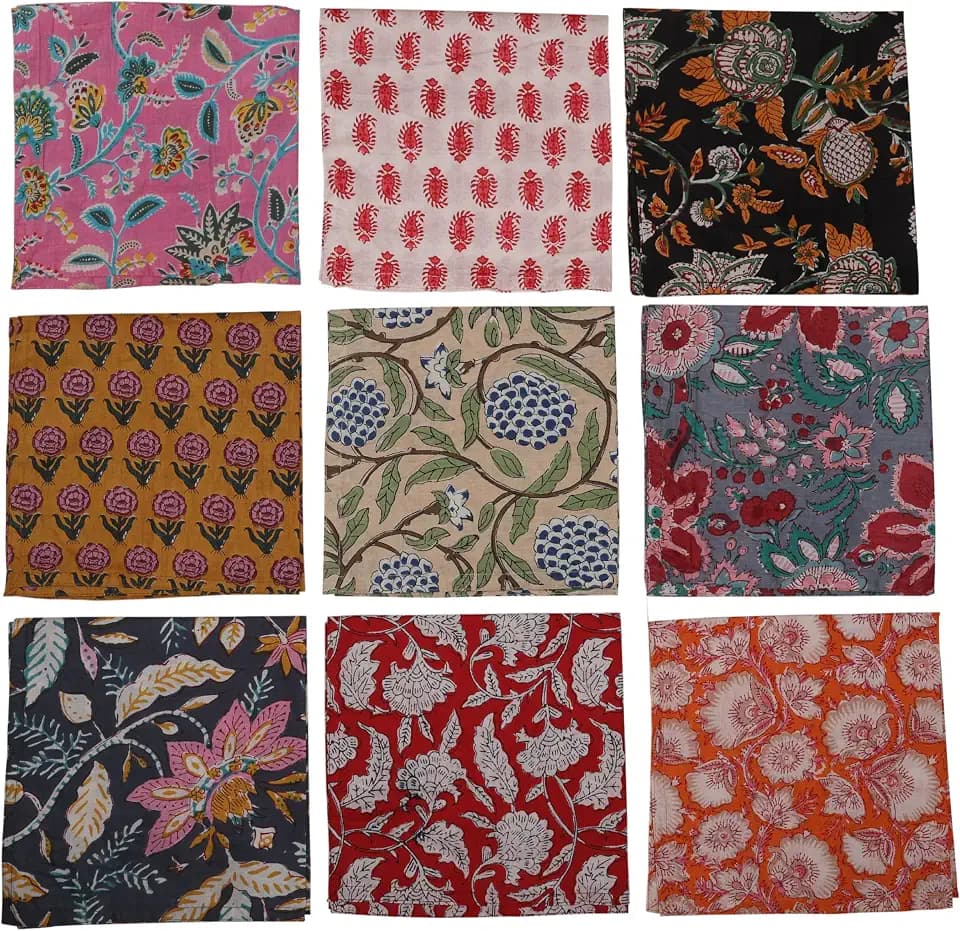 Marubhumi 10 Pc Cotton Cloth Napkins- Hand Block Print, Eco-Friendly, Dinner Napkins, Floral,Hand Made Size 16x16 Inch Printed Home Decor Multicolored