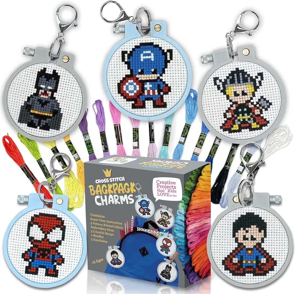 Superhero Cross Stitch Kit for Kids - 5 Stamped Beginner Projects