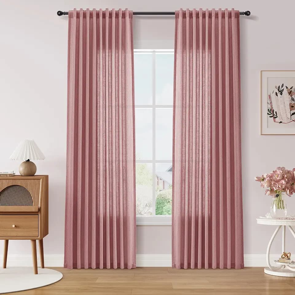 Nanspring Linen Curtain 84 Inch Long for Living Room Hook Belt Canyon Rose