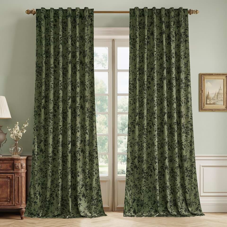 RYB HOME Olive Floral Velvet Curtains 90 Inch Long for Bedroom Living Room