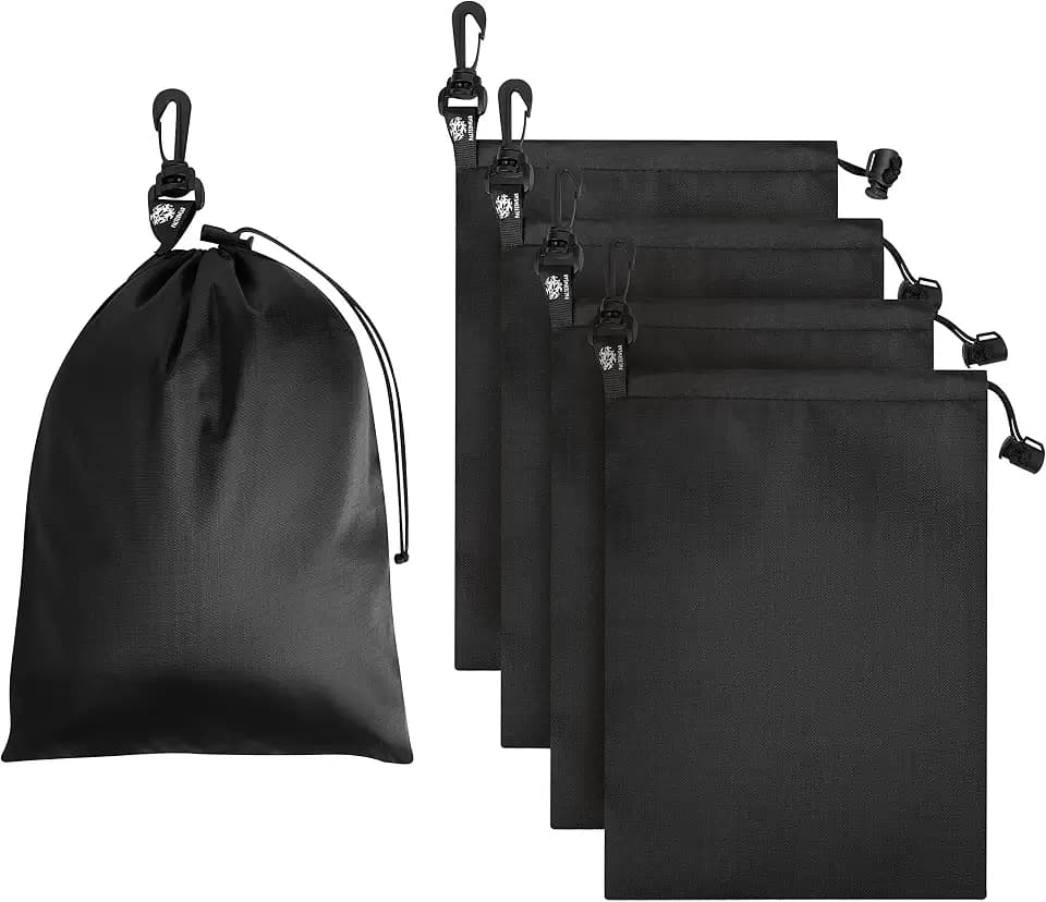 PALTERWEAR Drawstring Bag with Clip (8 x 11 Inch, 5-Pack, Black) Cinch and Ditty Pouch for Travel, Wardrobe, Outdoors, Hobby