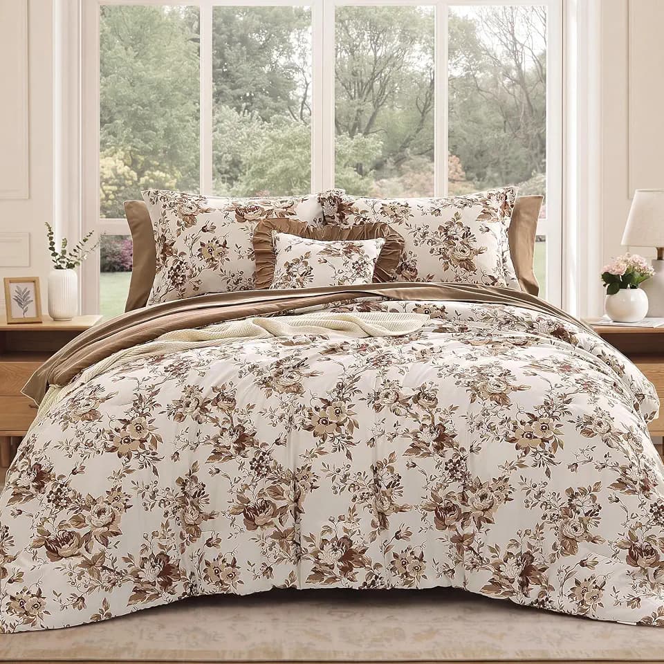 BLOOMHAVEN Queen Comforter Set-7 Pieces Brown Floral Bed in a Bag Queen