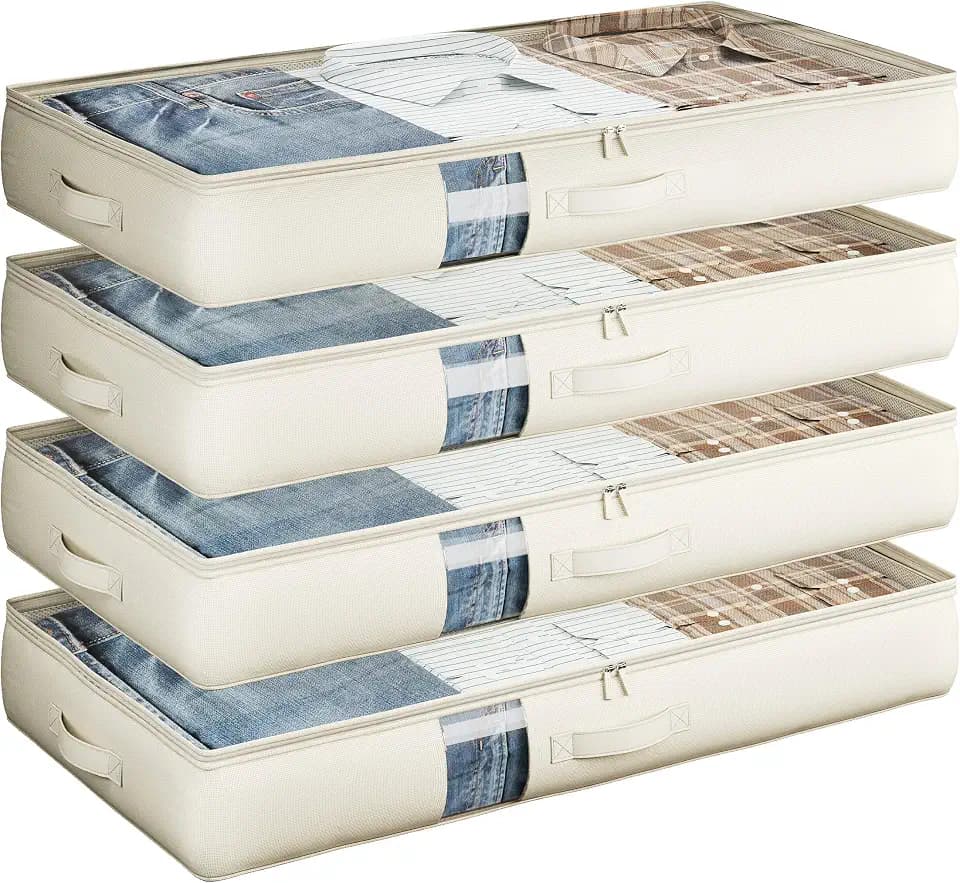 Soft-Sided Foldable Under bed Storage Bags with Window,No Rigid Frame Closet Organizers,Storage Containers for Blankets, Clothing, Comforter, Collapsible Fabric Design,4 Pack, White Ivory