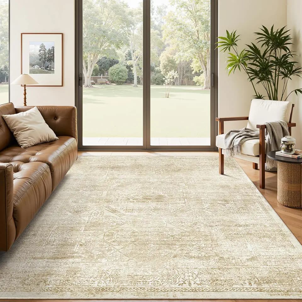 Soalmost 5x7 Area Rugs Beige/Ivory Washable Trendy Faded Style Floral Rugs