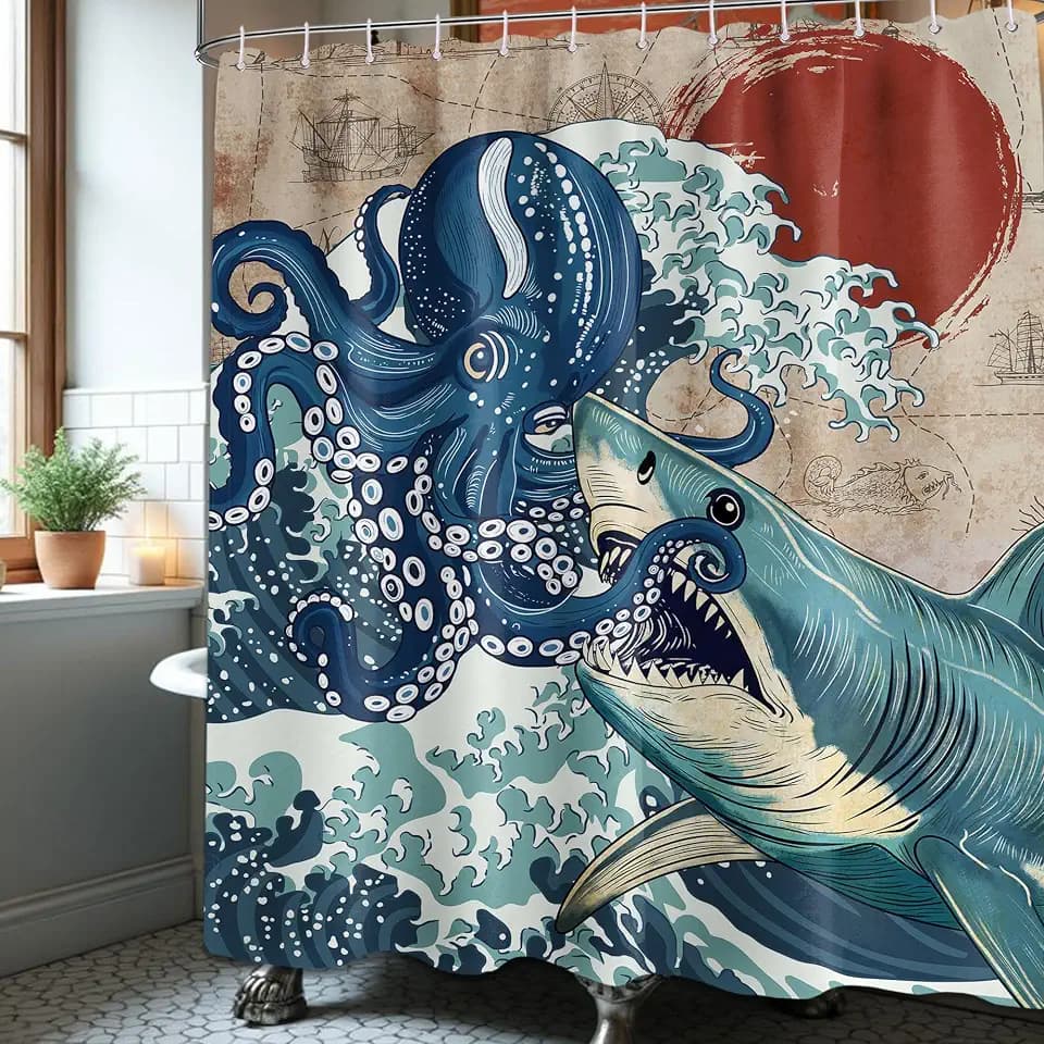 Japanese Octopus Shark Shower Curtain, 60x72 in