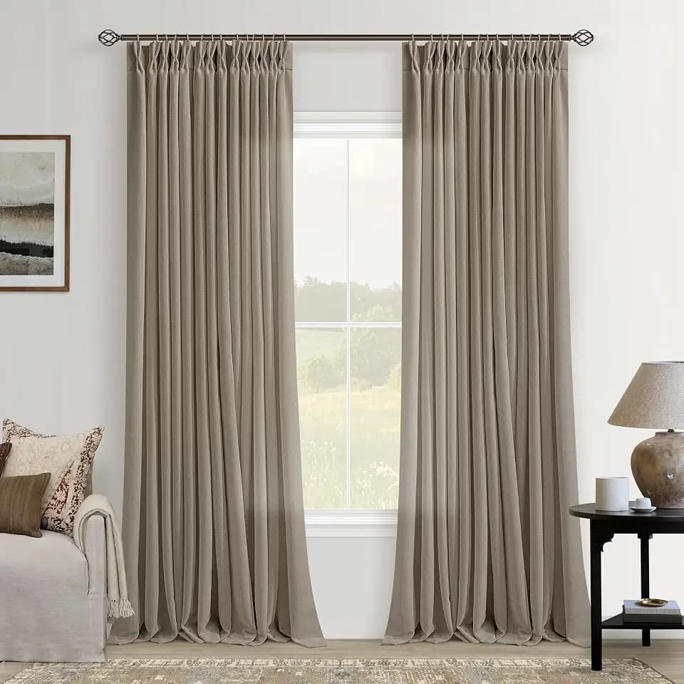 Taupe Pinch Pleat Semi Sheer Linen Curtain Floor To Ceiling for Living Room