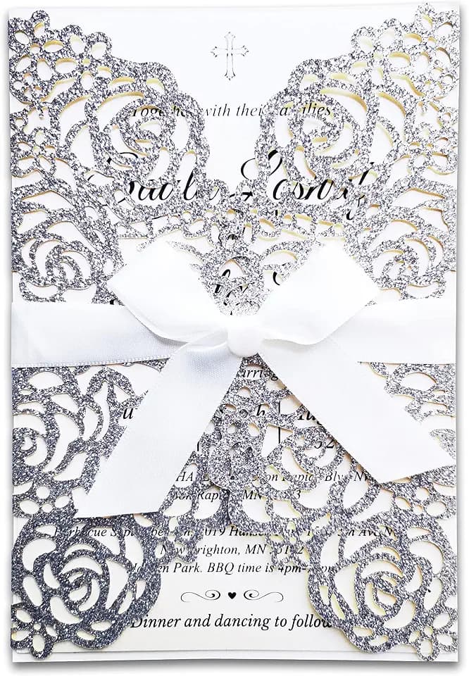 50PCS 5“x 7.28” Wedding Invitations Cards BLANK Laser Cut Rose Flowers with Ivory Ribbon and Envelopes for Qinceanera Engagement Birthday Bridal Shower Party Card (Silver Glitter)