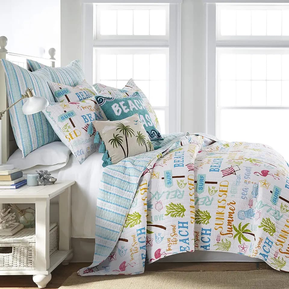 homthreads by Levtex Home - Beach Days Quilt Set - King Quilt (106x92in.) + Two King Pillow Shams (36x20in.) - Coastal Beach - Teal Blue Yellow Green Brown Pink - Reversible - Cotton Fabric
