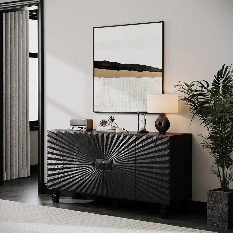 KEIKI 59" Modern Sideboard Buffet Cabinet with Storage, Sunburst 4-Door Credenza, Large Buffet Table with Solid Wood Legs for Dining Room, Living Room, Entryway, Black