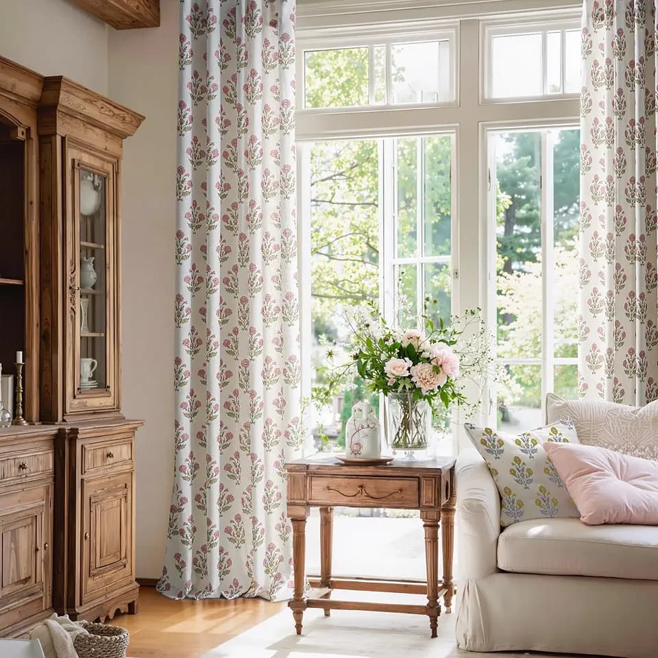 NICETOWN Floral Linen Curtains 84 inches Long Pink Pattern Printed for Girls Bedroom Nursery, Boho Farmhouse Window Sheer Curtain Drapes Aesthetic Light Filtering Privacy 2 Panel Sets, 55" W