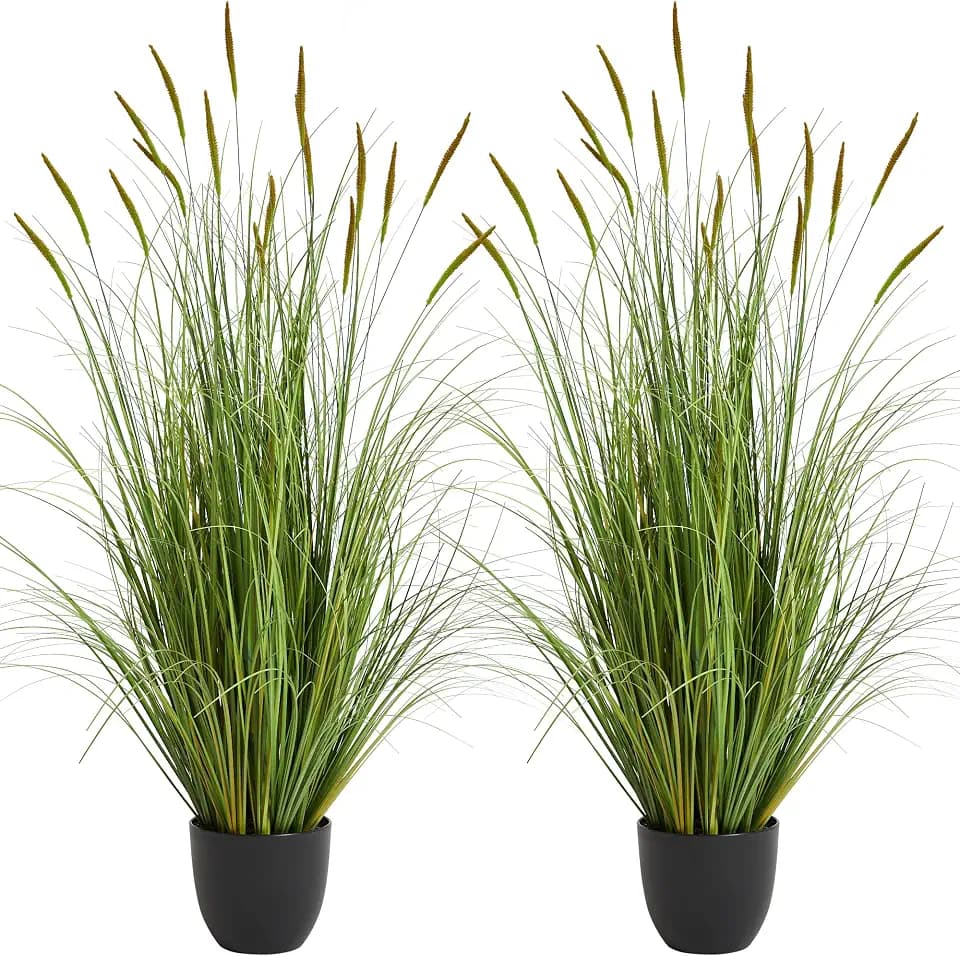 KOL 3ft 2-Pack Artificial Cattail Reed Grass, 35in Artificial Indoor Outdoor Fake Onion Grass Plant, Home Office Decorative Artificial Plants in Pot Faux Plant Greenery, Housewarming Gift, Green