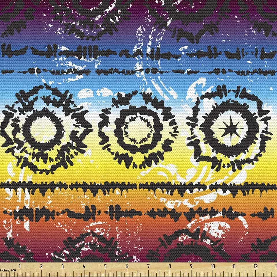 Lunarable Batik Fabric by The Yard, Hippie Regular Rotary Circles on Rainbow Color Striped Grungy Artisan Design, Decorative Fabric for Upholstery and Home Accents, 1 Yard, Black Yellow