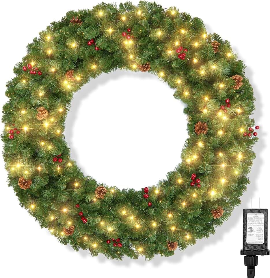Brightown 48 inch Christmas Wreath Outdoor Decoration, Large Artificial Wreath with Lights, 200LED, 440 PVC Tips, Power Plug-in
