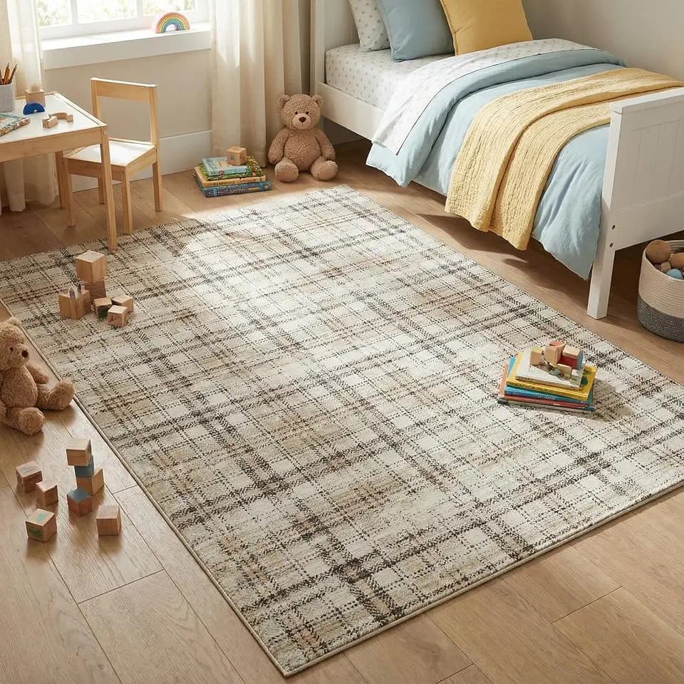 Modern Plaid Rug 3x5 Washable Entryway Rug Non Slip Soft Rugs Low Pile Non-Shedding Throw Rugs Checkered Distressed Floor Cover Indoor Foldable Thin Mat for Bedroom Under Table Beige