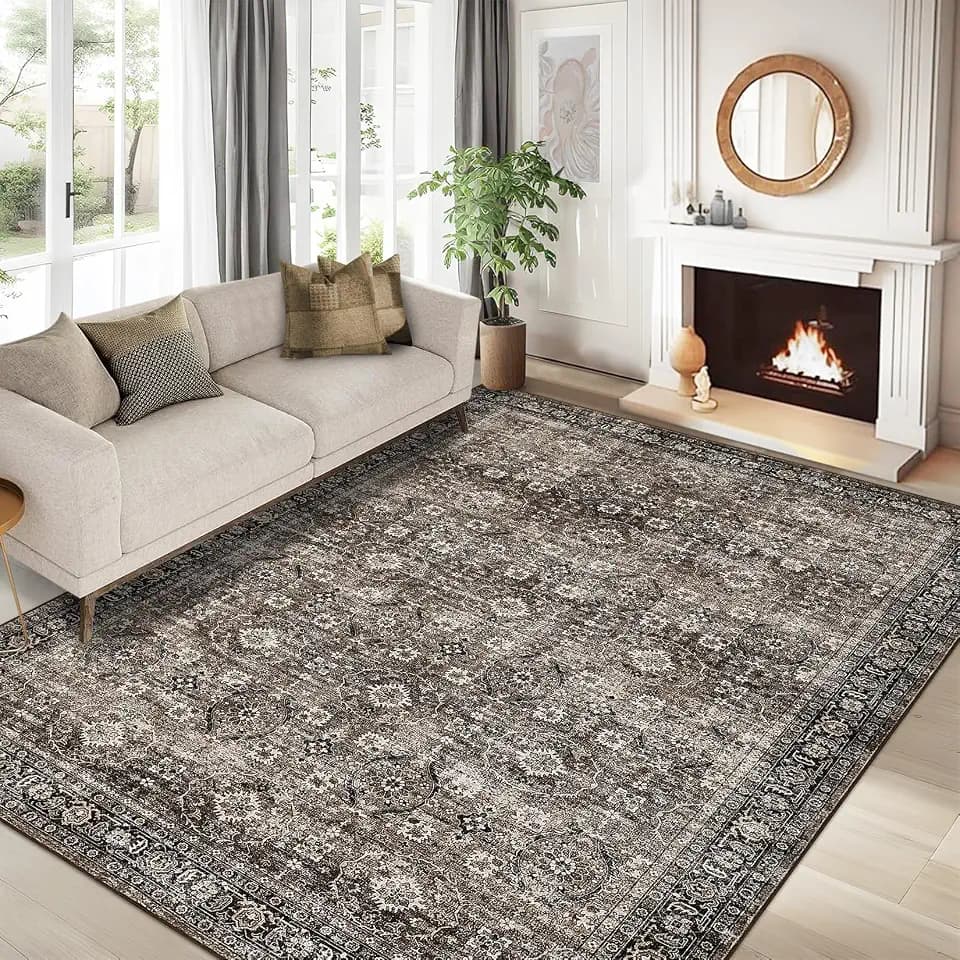 GarveeHome Washable Rugs 9 x 12 Rug for Living Room Vintage Rug Boho Non Slip Large Area Rug Soft Non Shedding Throw Rugs Stain Resistant Carpet for Bedroom Office Dining Room, Black Brown 9 ft x12 ft