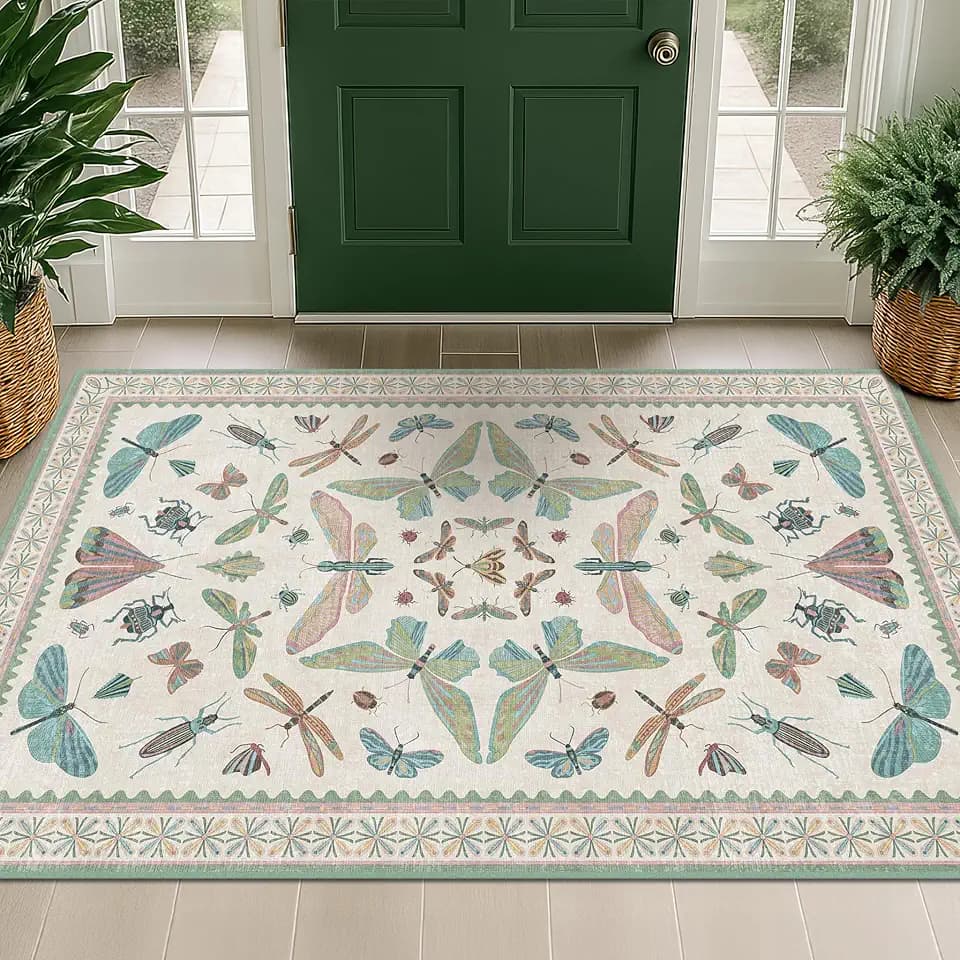 Washable Sage Green Large Entryway Rug, 3x4 Area Rugs for Laundry Room, Kitchen, Bedroom, Dorm, Insect Print Vintage Floral Non-Slip Throw Rug Low Pile Stain Resistance