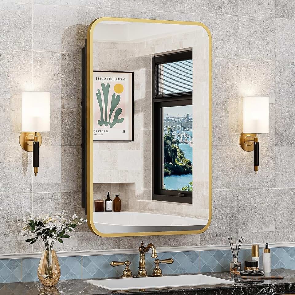 ACEMIRO 16x24 Inch Mirror Medicine Cabinet for Bathroom Gold Metal Frame Bathroom Medicine Cabinet with Mirror Recessed or Wall Mounted