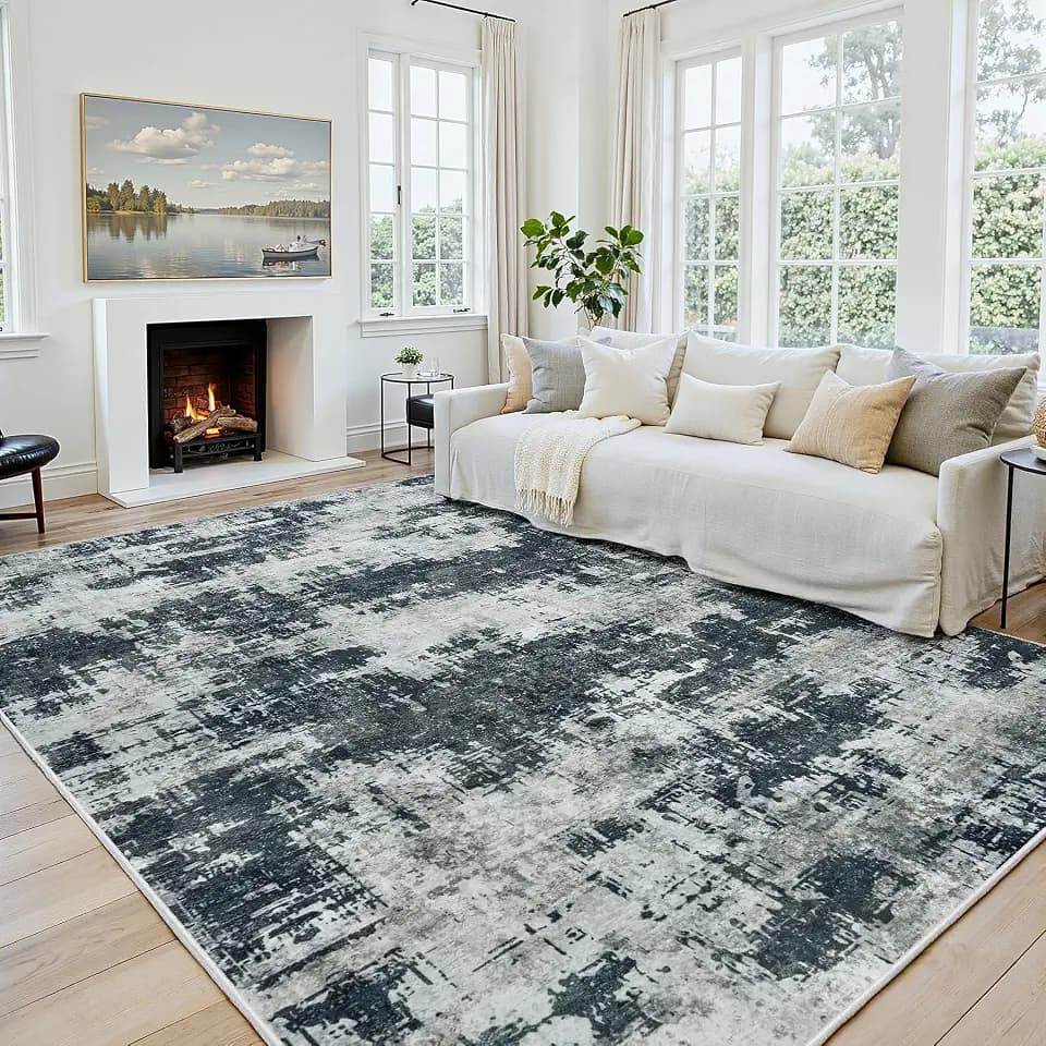 5x7 Area Rugs for Living Room: Washable Soft Black Abstract Bedroom Carpet