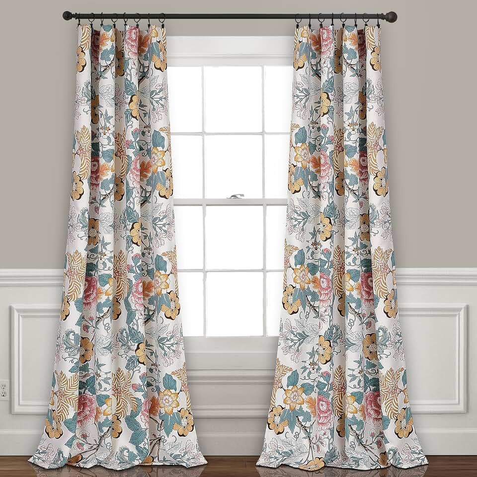 Lush Decor Sydney Light Filtering Window Curtain Panels, Pair, 52" W x 84" L, Blue & Yellow - Drapes - Floral Curtains for Bedroom - Vintage Curtains - Coquette Decor