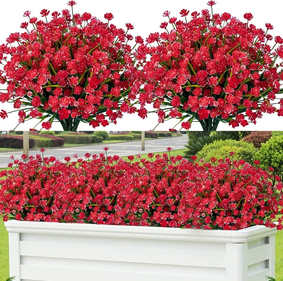 Lnoicy 20pcs Artificial Flowers for Outdoor,Plastic Flowers Decoration, UV Resistant Faux Flowers Shrubs, Artificial Plants for Indoor Outside Garden Home Wedding Farmhouse(Red)