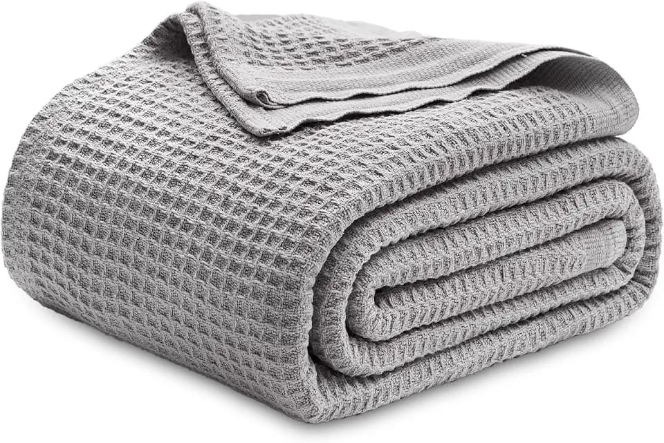 Bedsure 100% Cotton Blanket, Waffle Weave, Queen Size, Grey, 90"x90"