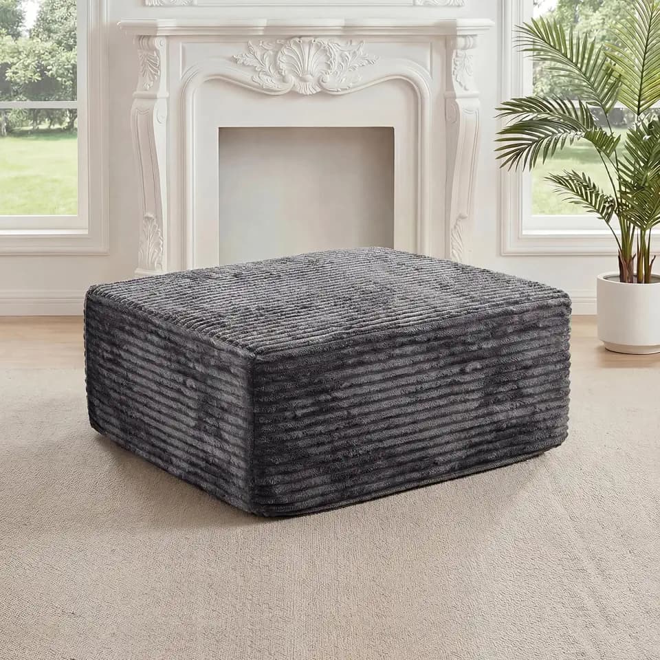 27.56'' Plush Fluffy Corduroy Poofy Ottoman in a Box for Boneless Sofa Couch, Modern Compressed Foot Rest, Small Comfy Rectangle Boneless Pouf Footstool Ottoman for Living Room, Bedroom, Grey