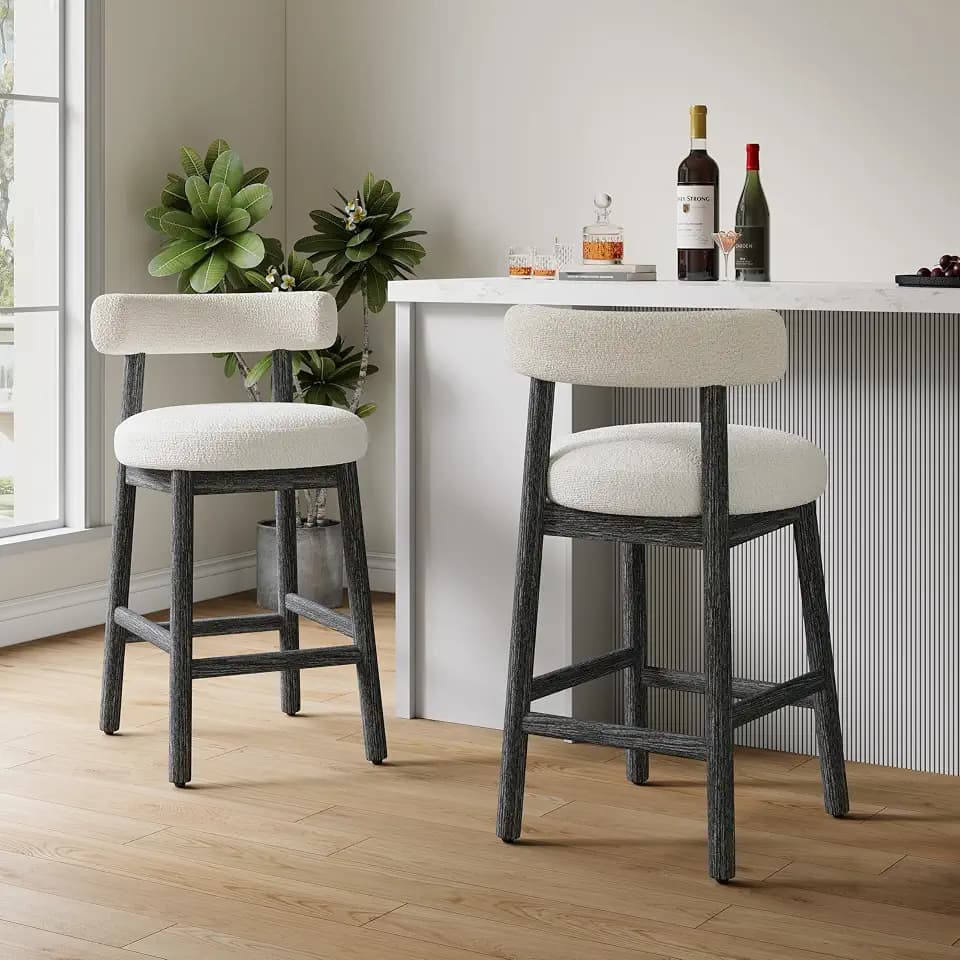 Christopher Knight Home Annes Counter Height Bar Stools Set of 2, Boucle Fabric Round Bar Stool for Kitchen Island, Wooden Dining Room Chair, Counter Stool with Footrest, Black+Milky White