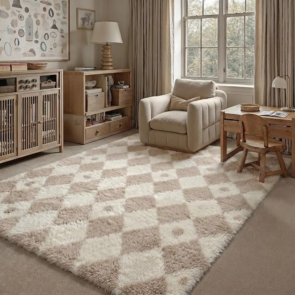 PureCozy Beige 5x7 Area Rug for Living Room Soft Checkered Shag Carpet