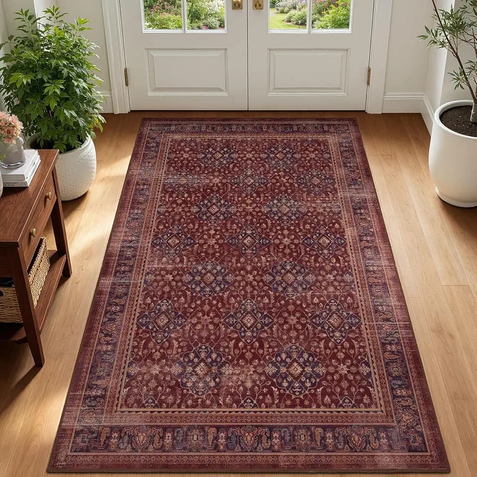 Washable Amber Red Vintage Boho 3x5 Earth Tone Entryway Area Rugs