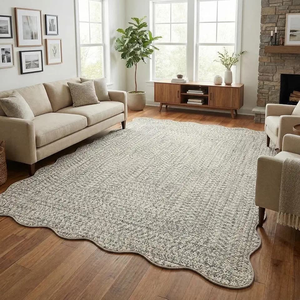 Scalloped Braided Print Washable Rug 8x10 Area Rugs for Living Room Soft Bedroom Rug Stain-Resistant Rustic Foldable Mat Non Slip Low Pile Carpet for Dining Nursery Cottage Office Beige