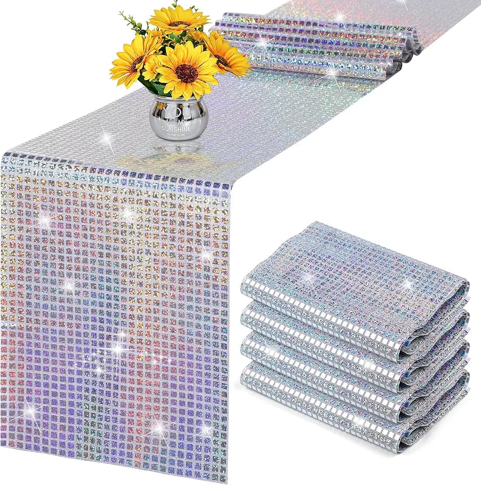 Aneco 6 Pack Disco Party Table Runner 11 x 108 Inch Mirror Silver Laser Glitter Foil with Sparkle Sequin Table Runner for Bachelorette 70s 80s Party Home Table Decorations