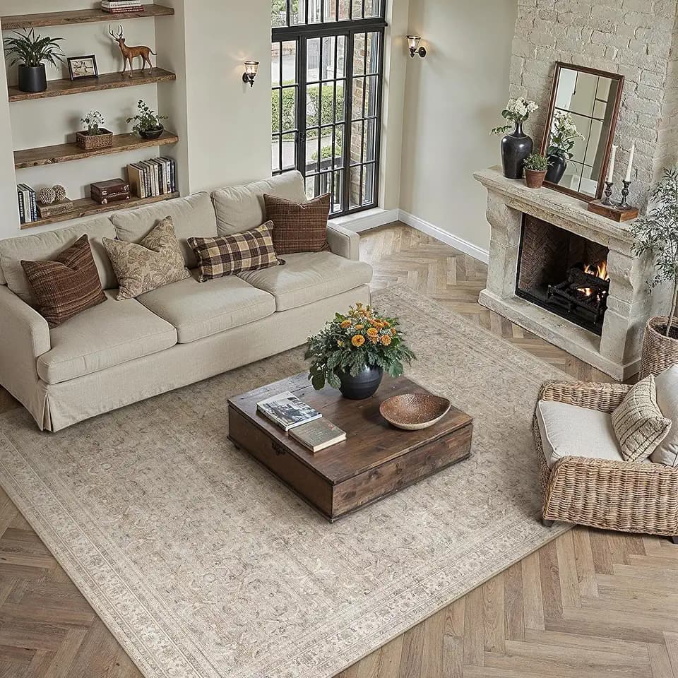 HUGEAR 8x10 Beige Vintage Distressed Washable Area Rug for Living Room